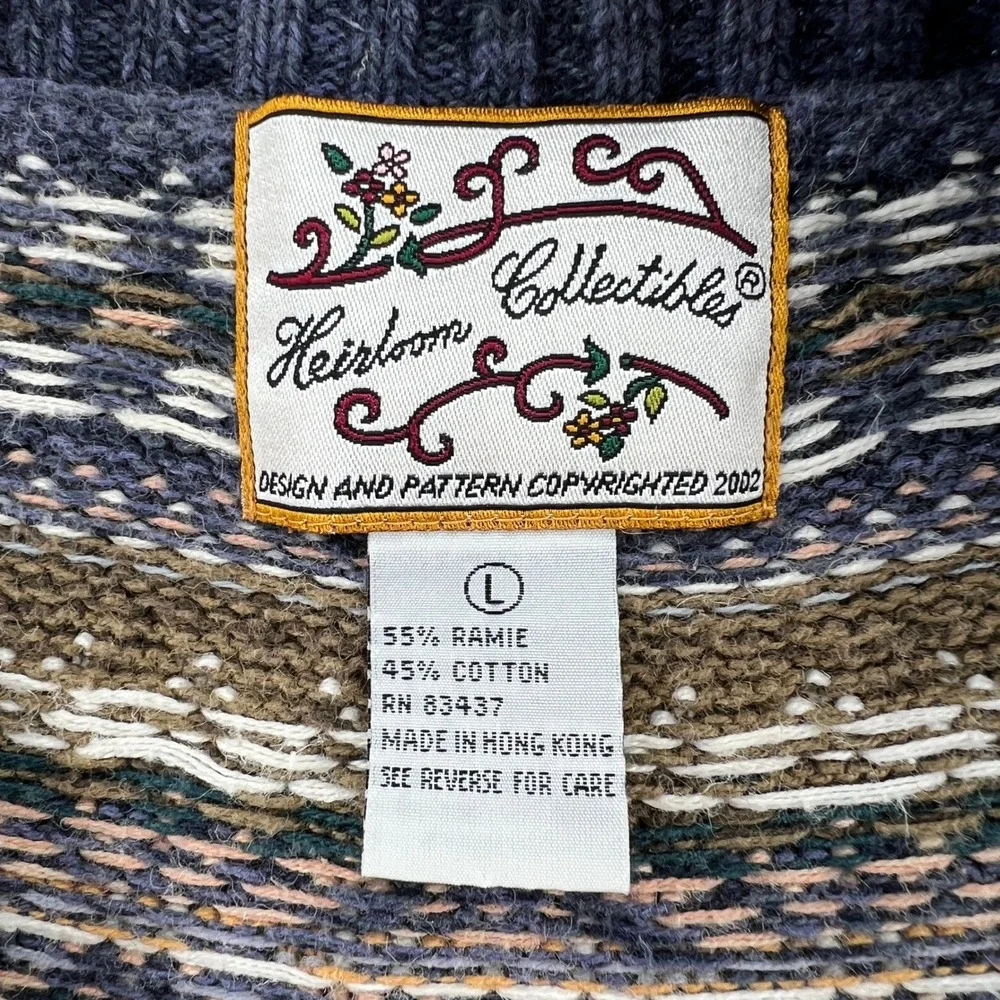 Vintage Y2K Heirloom Cardigan Sweater Women Large Blue Fair Isle Full Zip Nordic